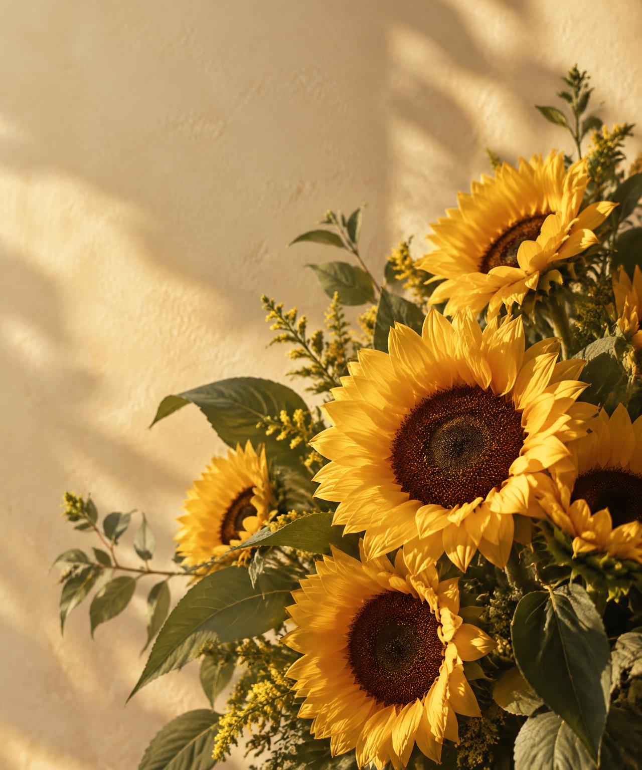 Ramo de girasoles amarillos iluminado por el sol